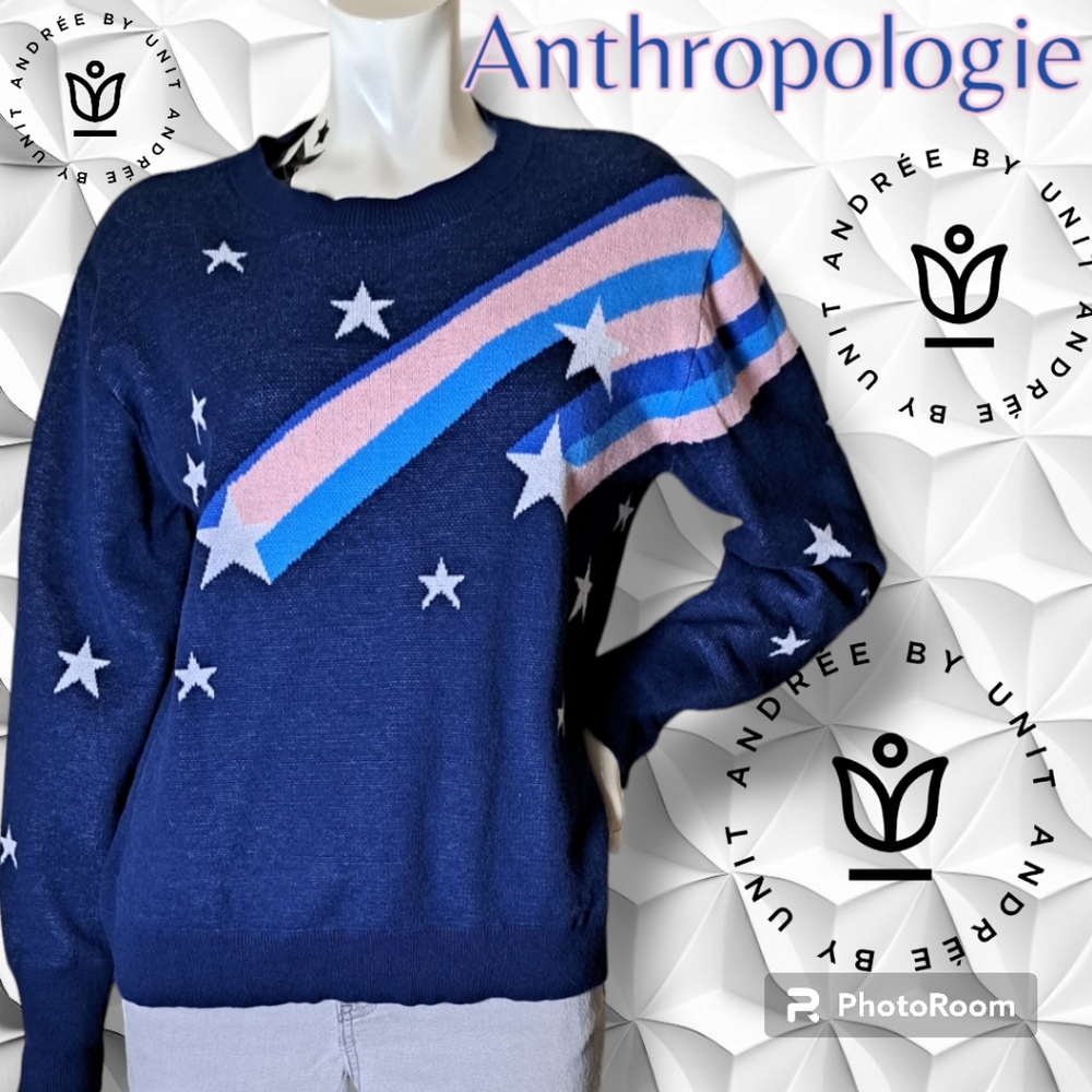 NEW ANTHROPOLOGIE Andree by Unit Shooting Stars Cozy Cotton Sweater Pastel Lg